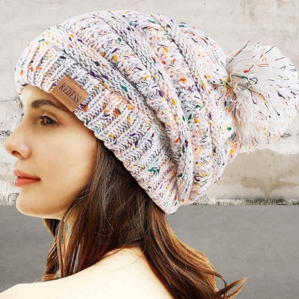 REDESS Women's Acrylic Pom Pom Beanie Hat, Confetti White, One Size NWOT